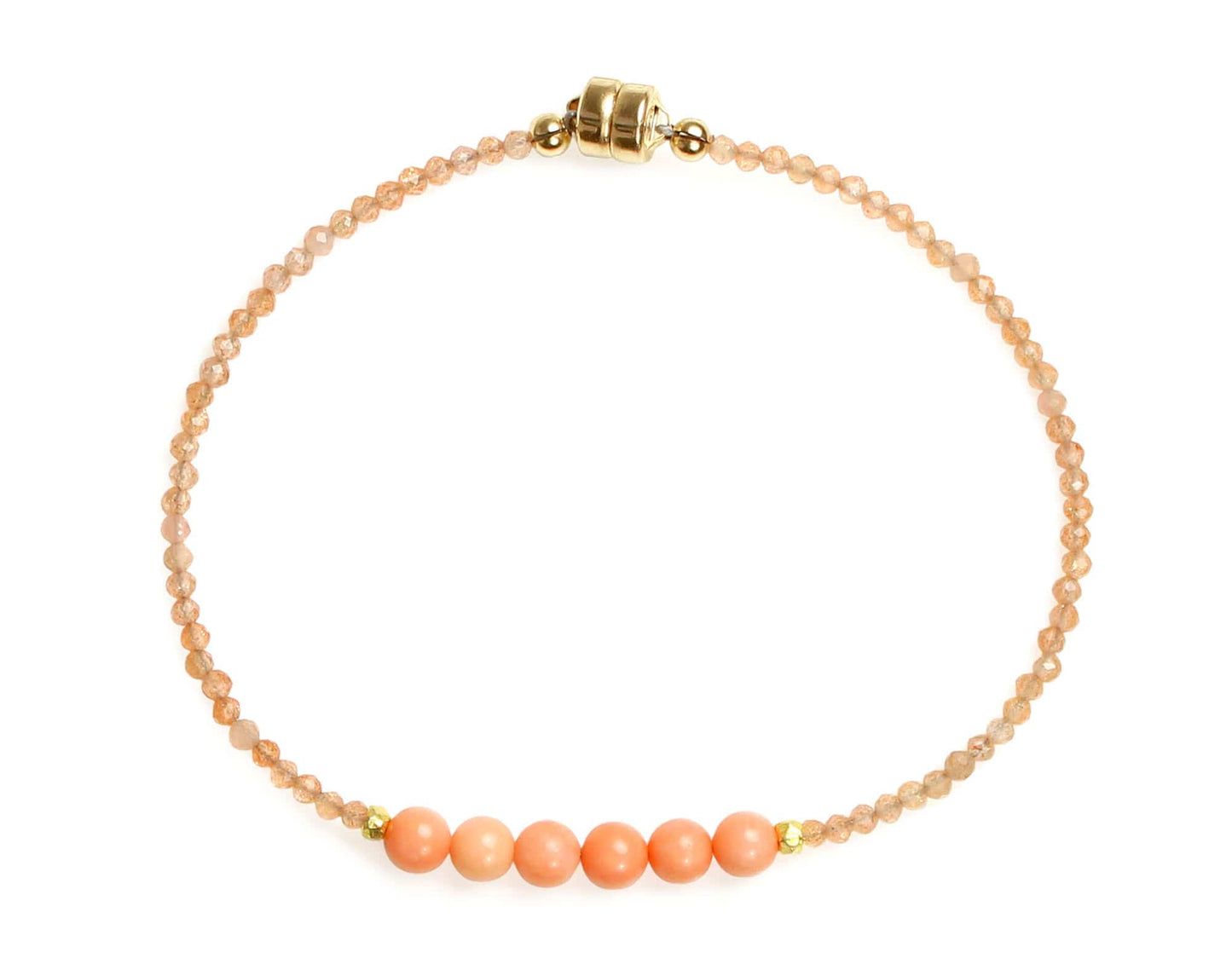 BRC-GF Seven Peach Coral, Sunstone & Gold Vermeil Beads Bracelet