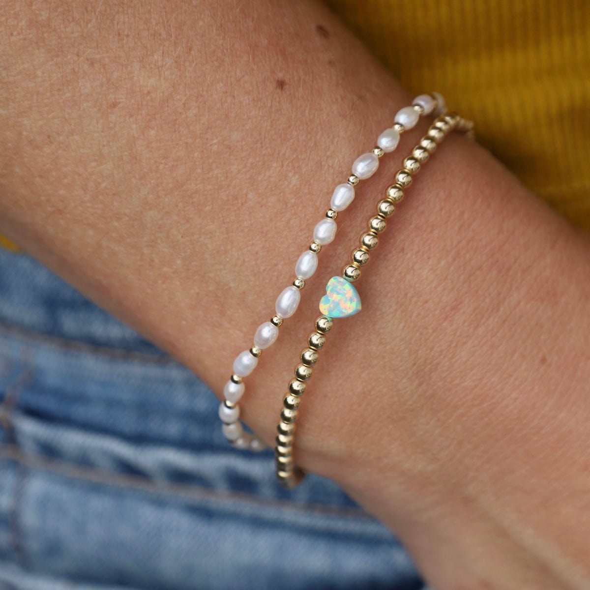 BRC-GF Small Sea Green Opal Heart Gold Filled Ball Bracelet