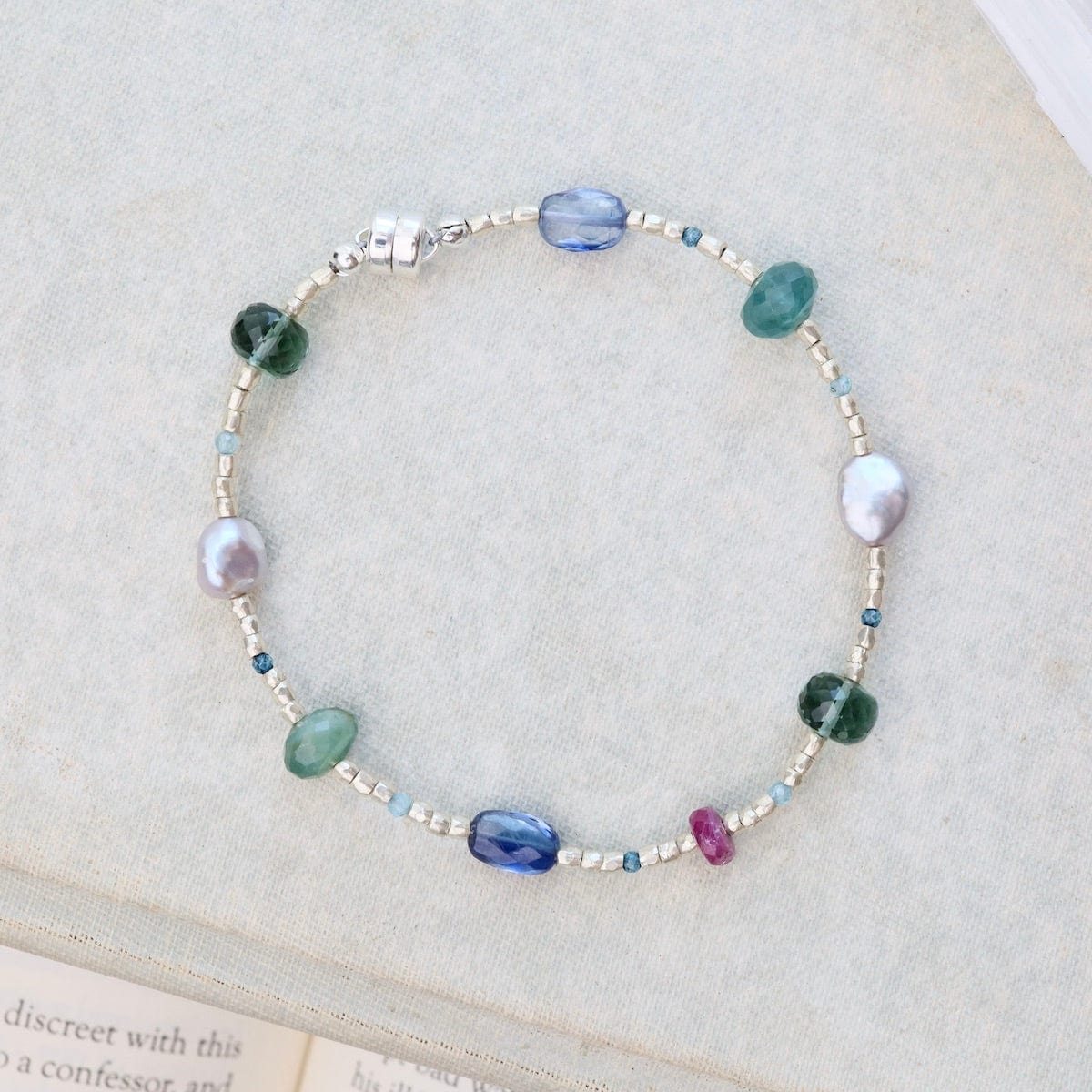 BRC Glass Beads, Kyanite, Quartz, Pearl, Pink Sapphire Bracelet