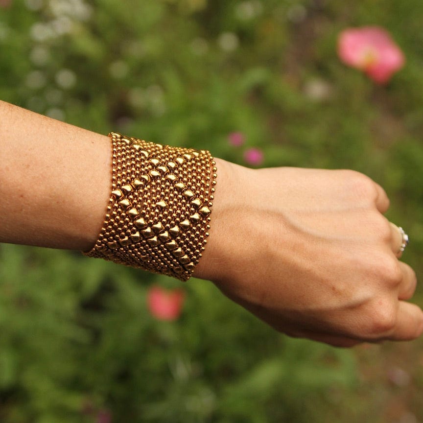 BRC-GPL Diamond and X Pattern Antique Gold Mesh Bracelet