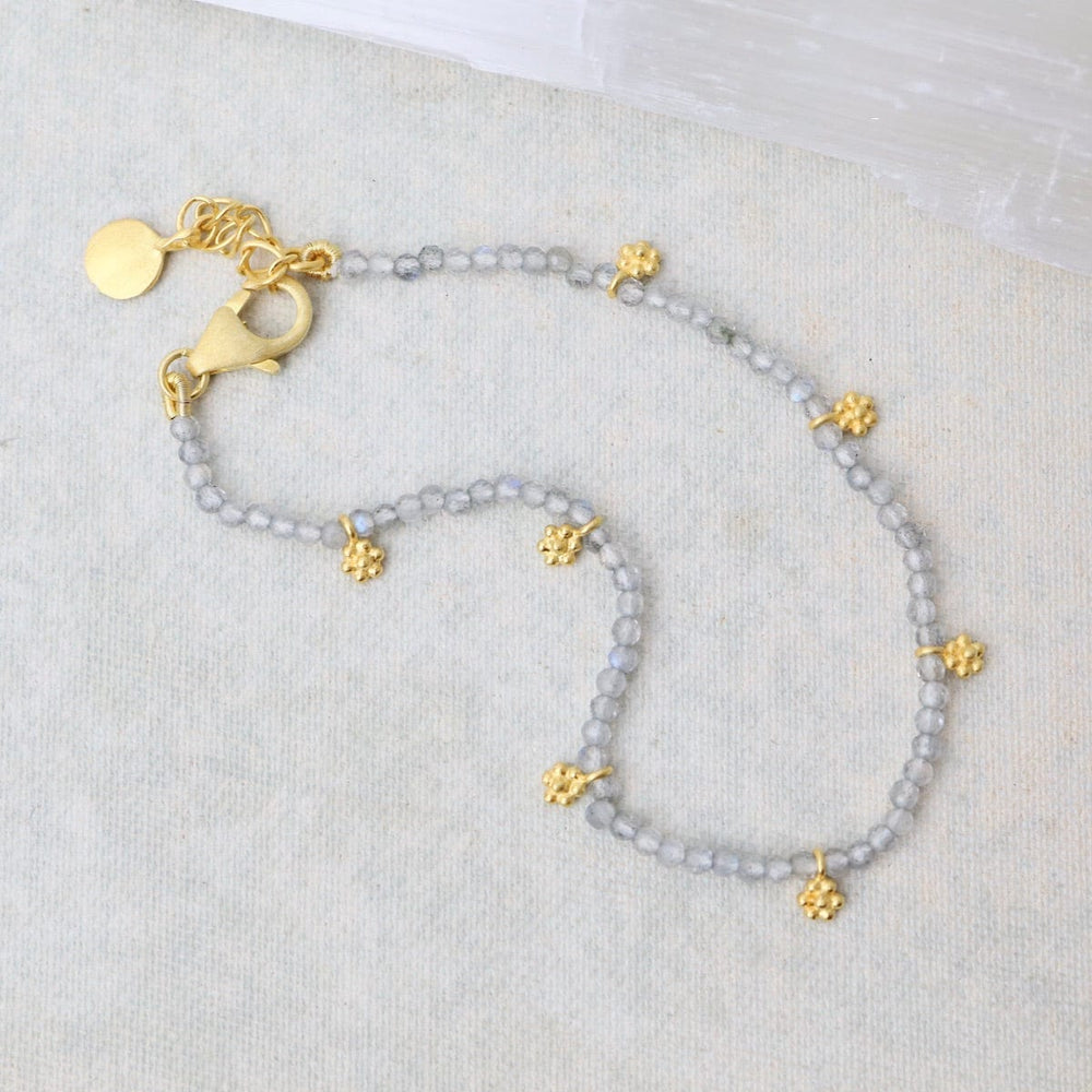 
                  
                    BRC-GPL Labradorite Beads with Gold Flower Charms Bracelet
                  
                