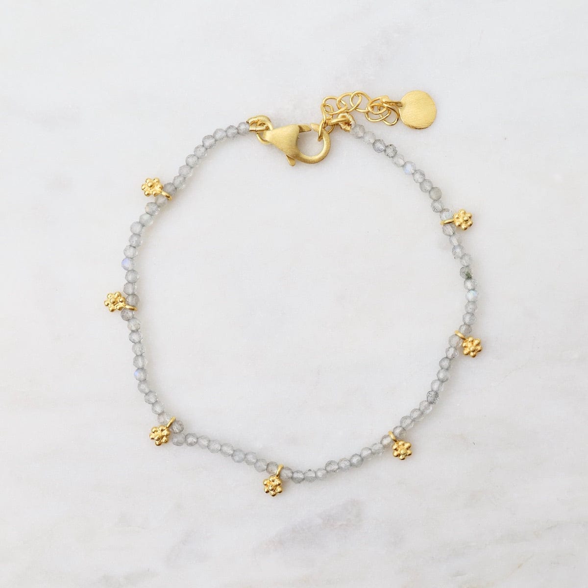 BRC-GPL Labradorite Beads with Gold Flower Charms Bracelet