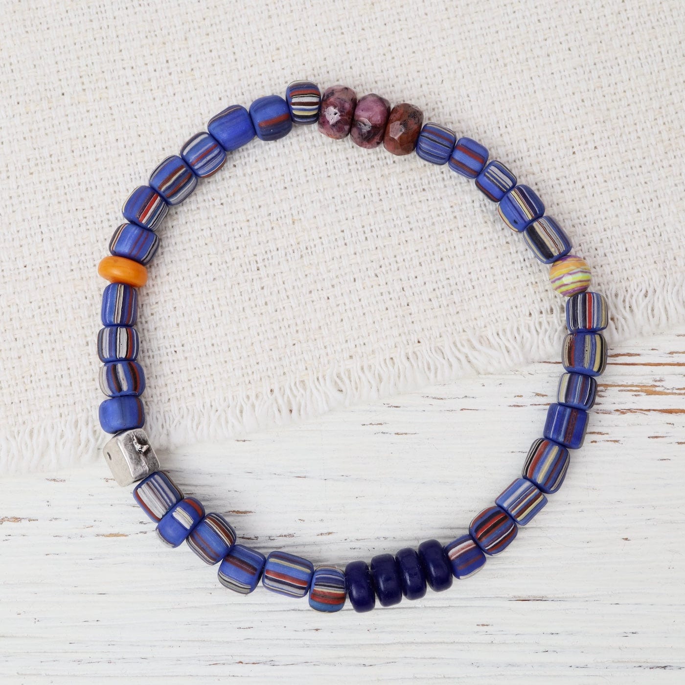 BRC-GPL Men's Java Glass Blue Striped Stretch Bracelet