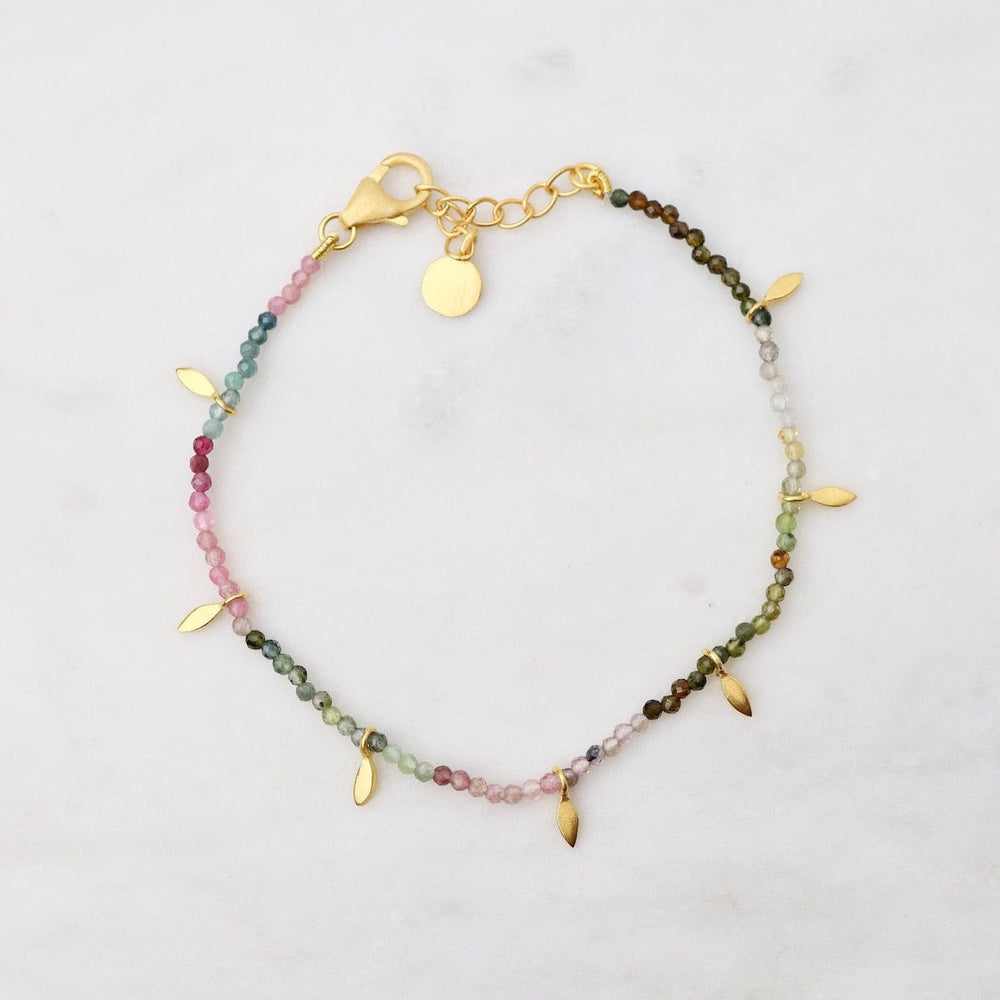 BRC-GPL Multi Tourmaline Beads with Gold Leaves Bracelet