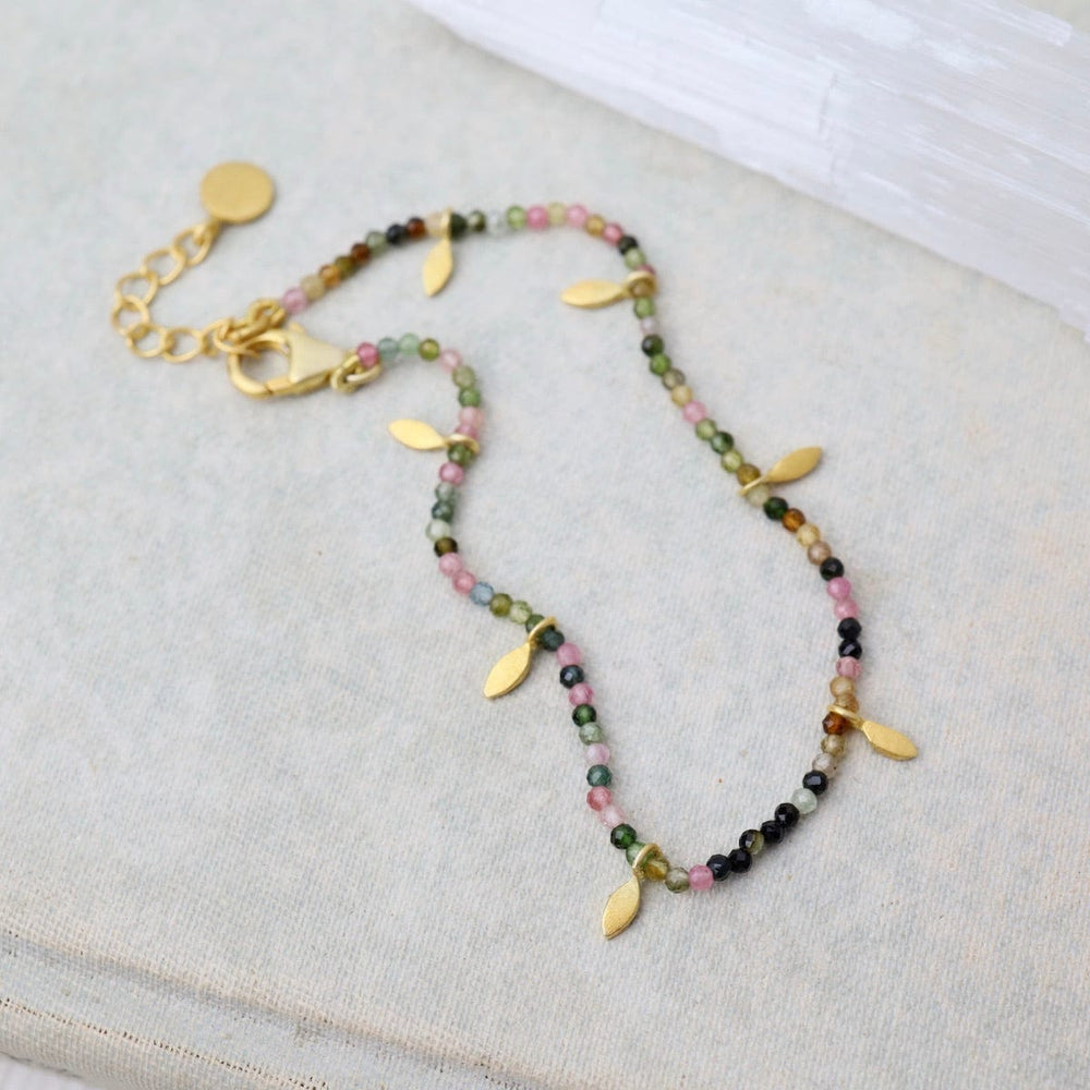 
                      
                        BRC-GPL Multi Tourmaline Beads with Gold Leaves Bracelet
                      
                    