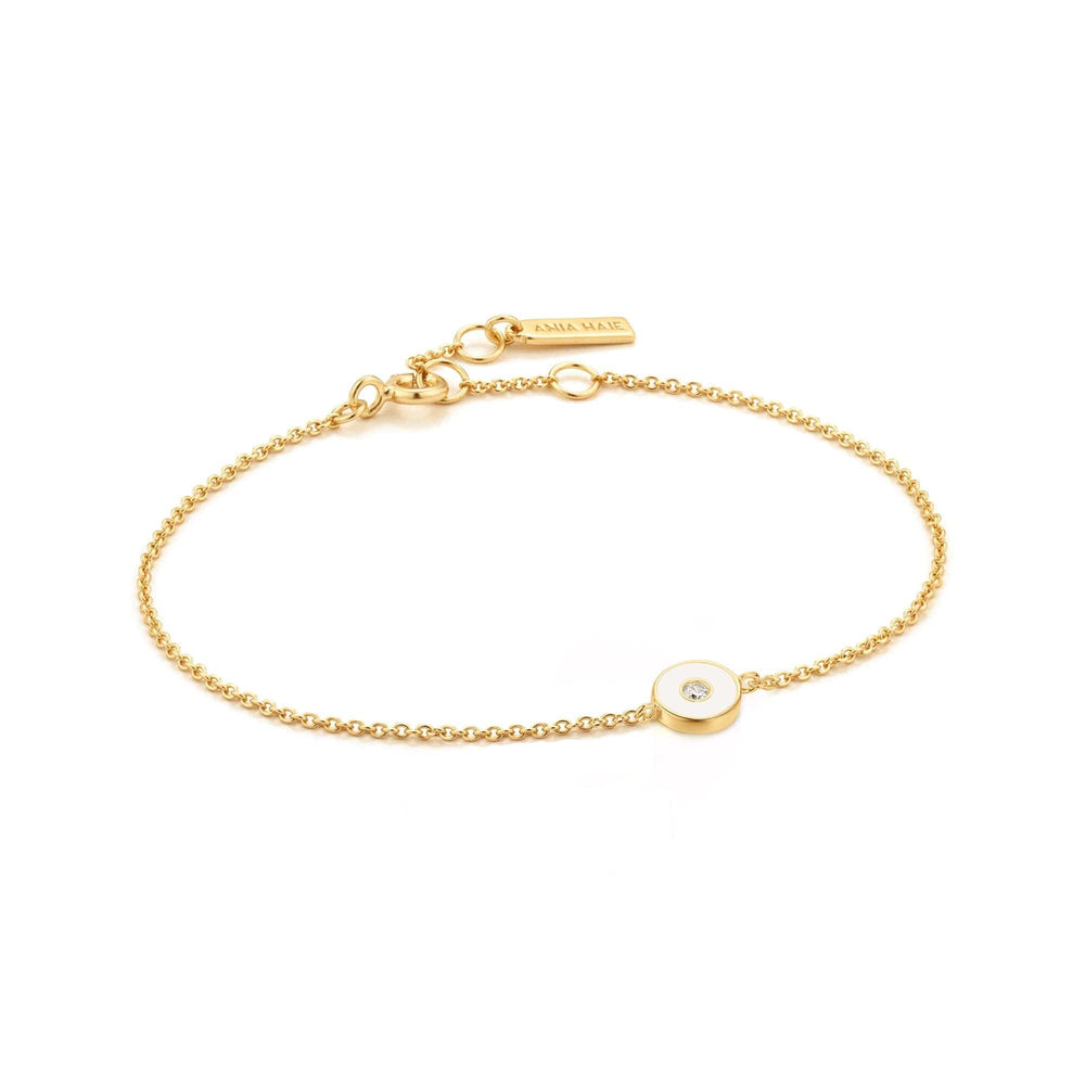 
                      
                        BRC-GPL Optic White Enamel Disc Gold Bracelet
                      
                    