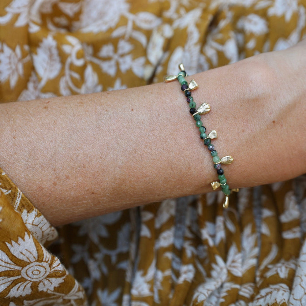 BRC-GPL Zoisite Dark Green Beaded Gold Nuggets Bracelet