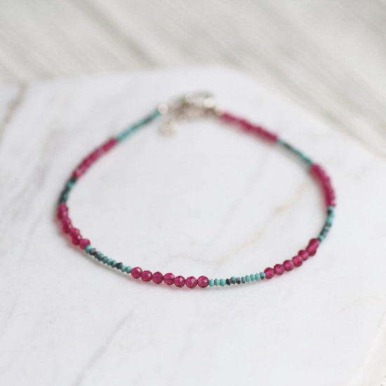 BRC Green Turquoise and Pink Garnet Simple Stone Bracelet