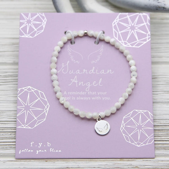 BRC Guardian Angel ~ Stretchy Mother Of Pearl Bracelet - Silver Charm