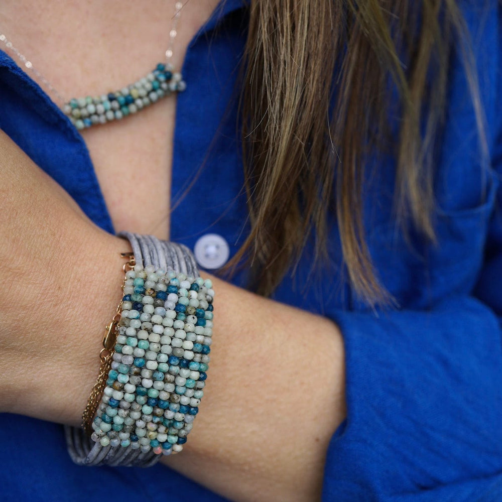 
                  
                    BRC-JM Azurite with Opal Trim On Driftwood Leather Bracelet
                  
                