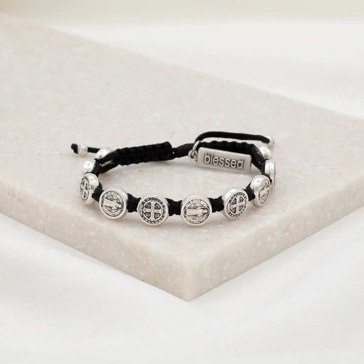 BRC-JM Benedictine Blessing Bracelet - Silver Medals, Black Cord