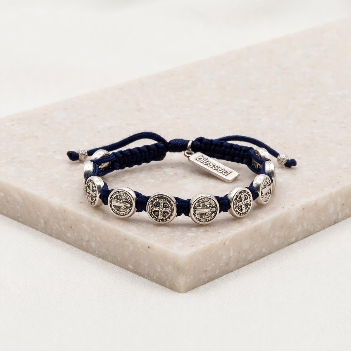 BRC-JM Benedictine Blessing Bracelet - Silver Medals, Navy Cord