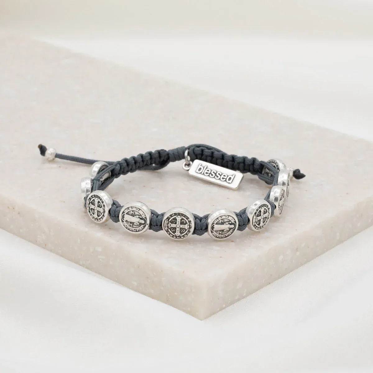 BRC-JM Benedictine Blessing Bracelet - Silver Medals, Slate Cord