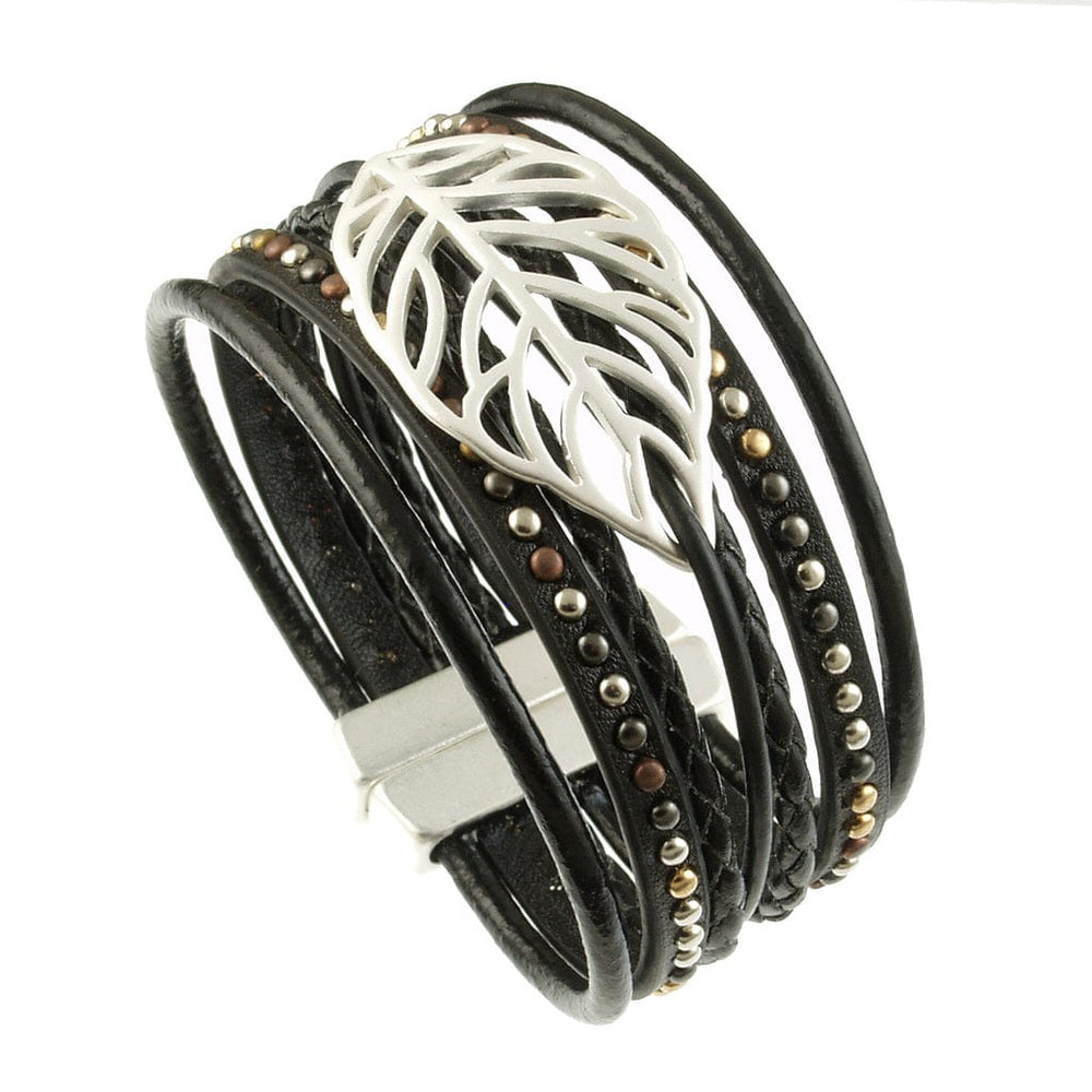 BRC-JM Black Leather and Matte Silver Leaf Bracelet