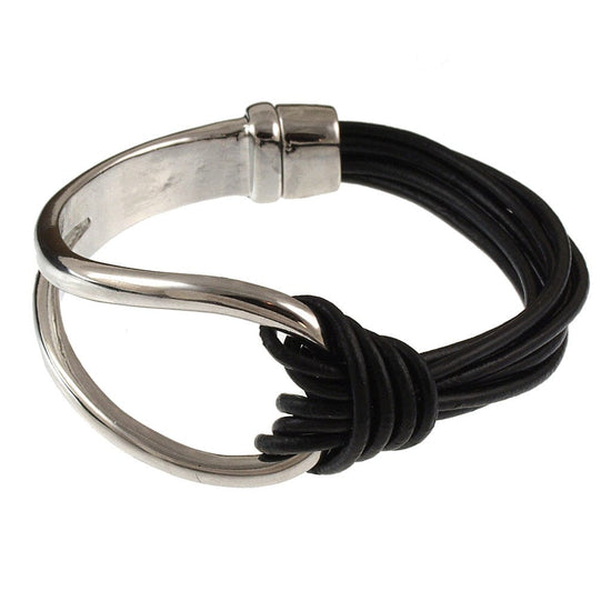 BRC-JM Black Leather and Matte Silver Magnetic Bracelet