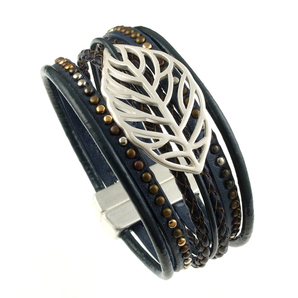 BRC-JM Blue Leather and Silver Leaf Bracelet