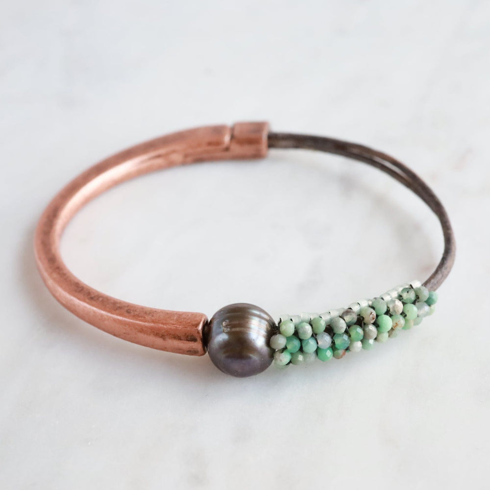 BRC-JM Chrysocolla with One Large Chocolate Pearl Hand Stitched Leather Copper 1/2 Cuff