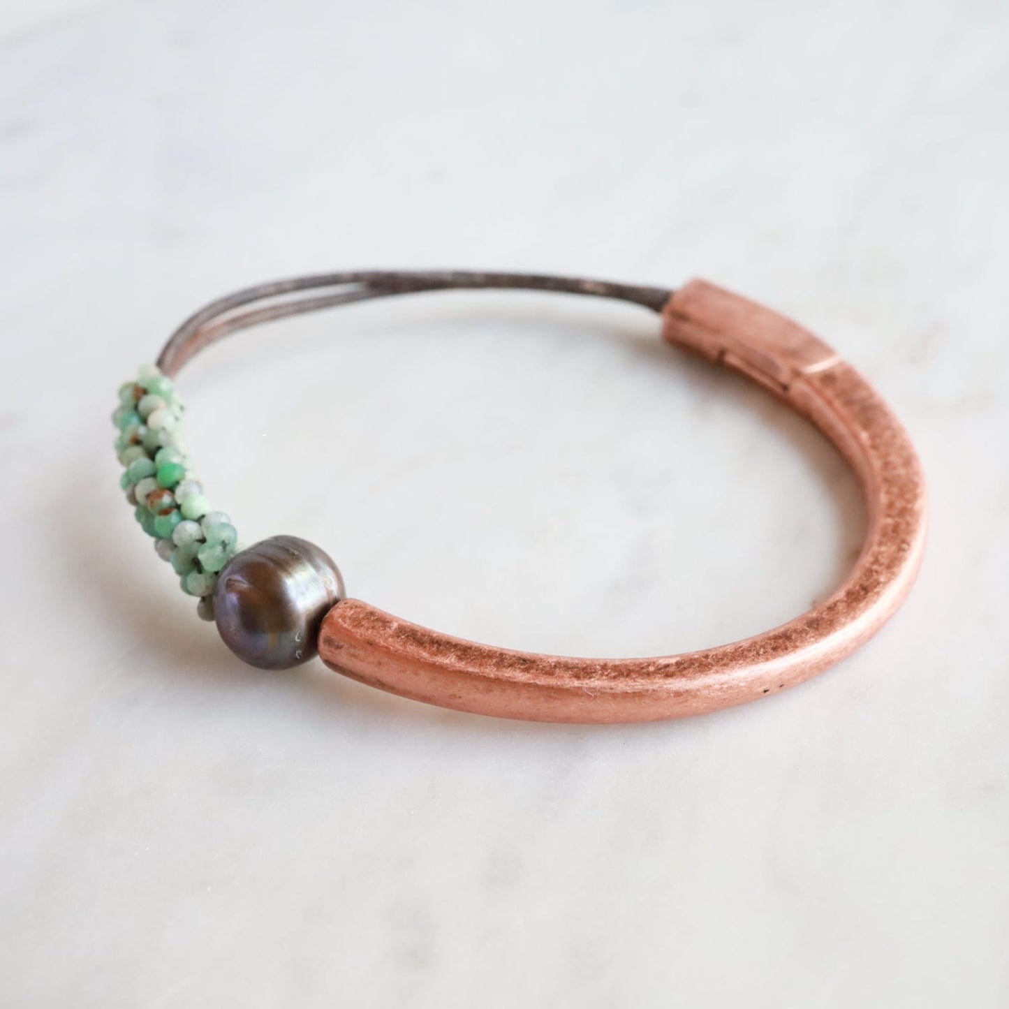 Load image into Gallery viewer, BRC-JM Chrysocolla with One Large Chocolate Pearl Hand Stitched Leather Copper 1/2 Cuff
