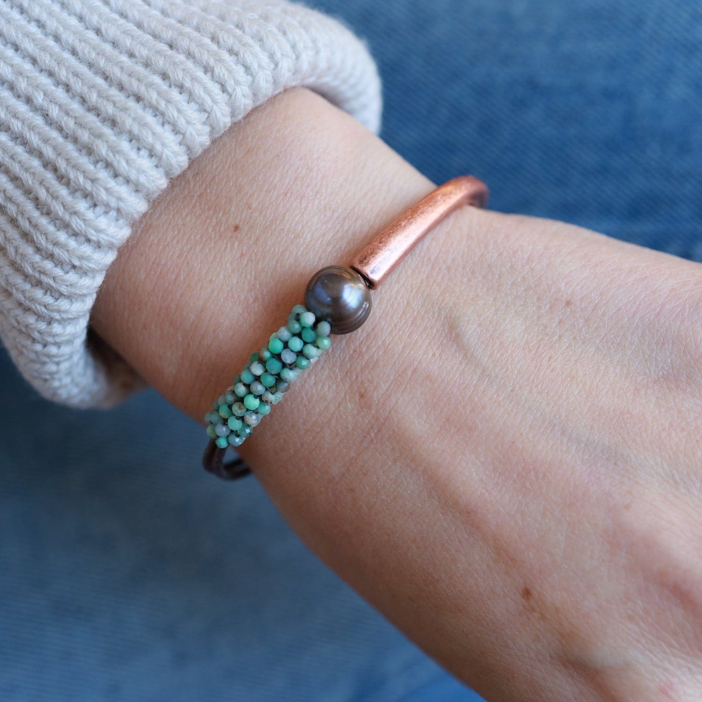 BRC-JM Chrysocolla with One Large Chocolate Pearl Hand Stitched Leather Copper 1/2 Cuff