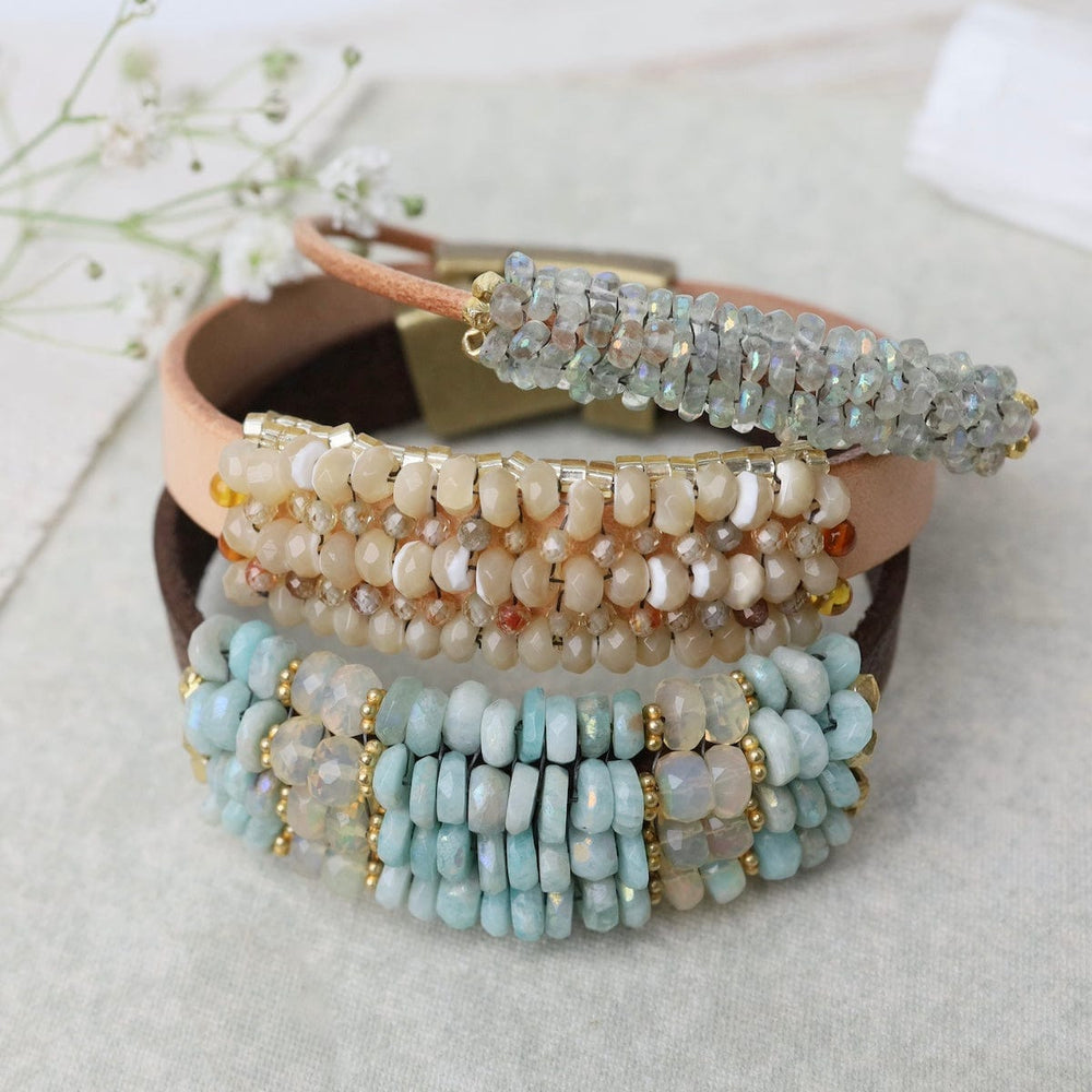 
                      
                        BRC-JM Coated Amazonite, Opal, Vermeil Spacers Leather Bracelet
                      
                    