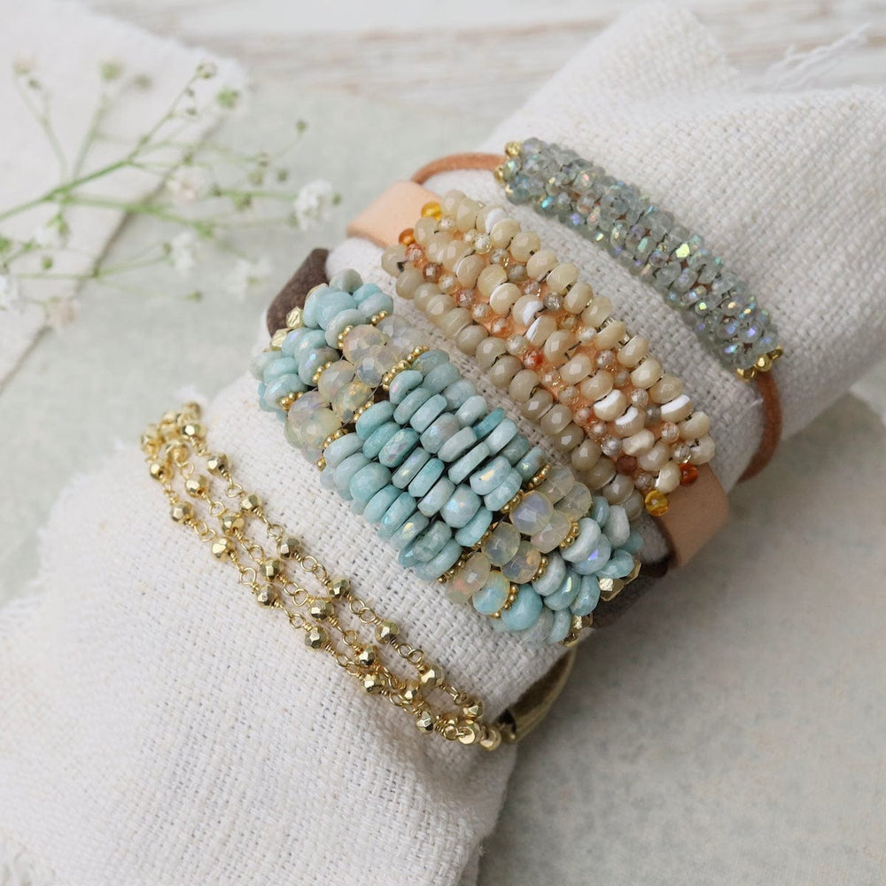 
                      
                        BRC-JM Coated Amazonite, Opal, Vermeil Spacers Leather Bracelet
                      
                    