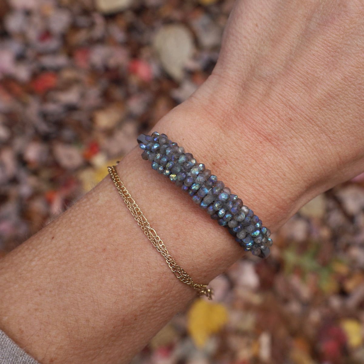 BRC-JM Coated Labradorite on Antique Silver Leather Bracelet