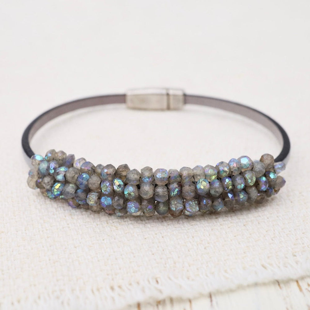 BRC-JM Coated Labradorite on Antique Silver Leather Bracelet