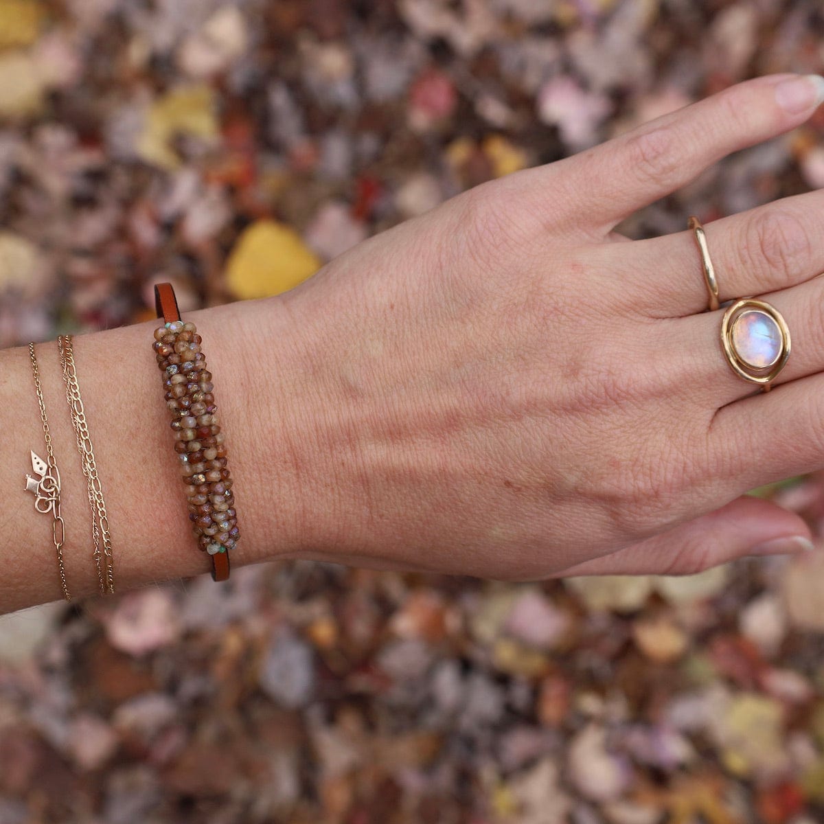 BRC-JM Coated Sunstone & Turquoise on Tan Leather Bracelet