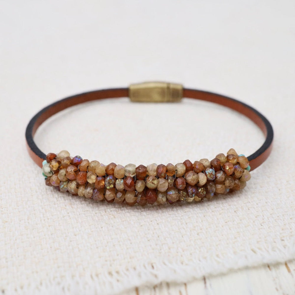 BRC-JM Coated Sunstone & Turquoise on Tan Leather Bracelet