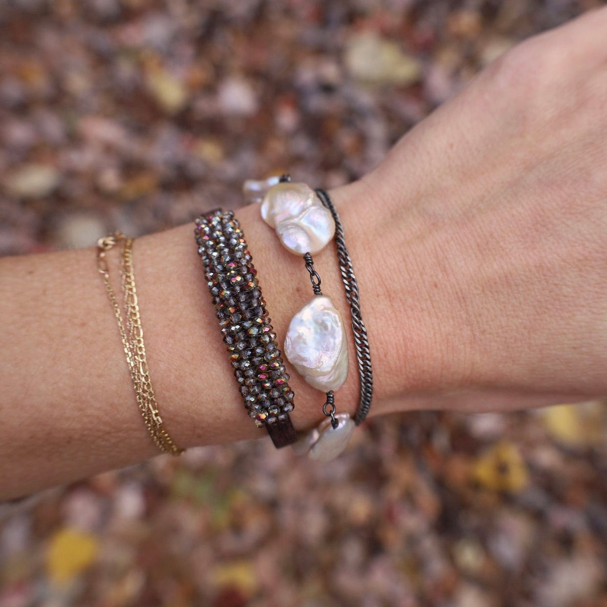 BRC-JM Crystal, Pearl Chain &  Oxidized Curb Chain Bracelet