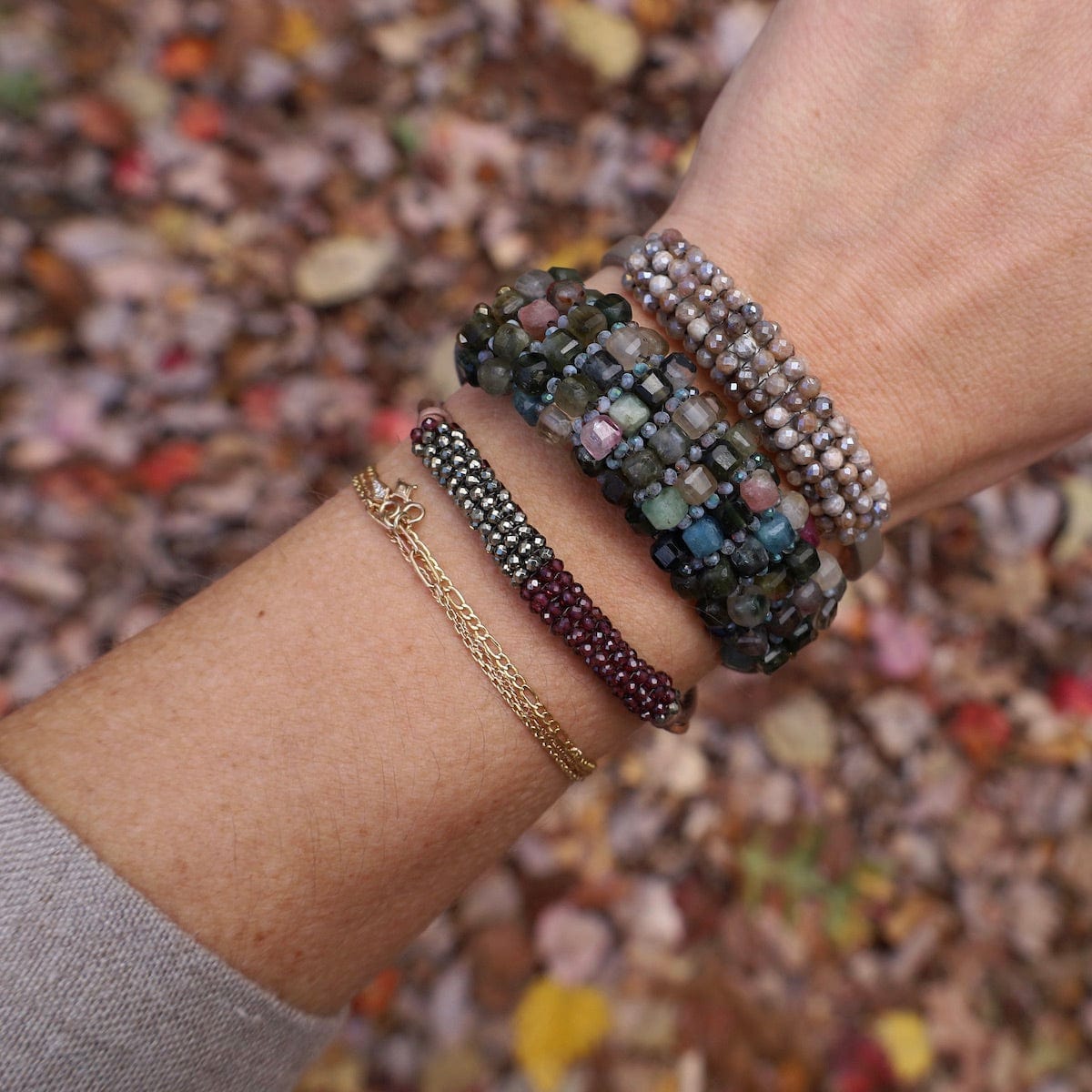 BRC-JM Garnet/Pyrite with Hand-Tied Double-Strand Grey Leather Bracelet