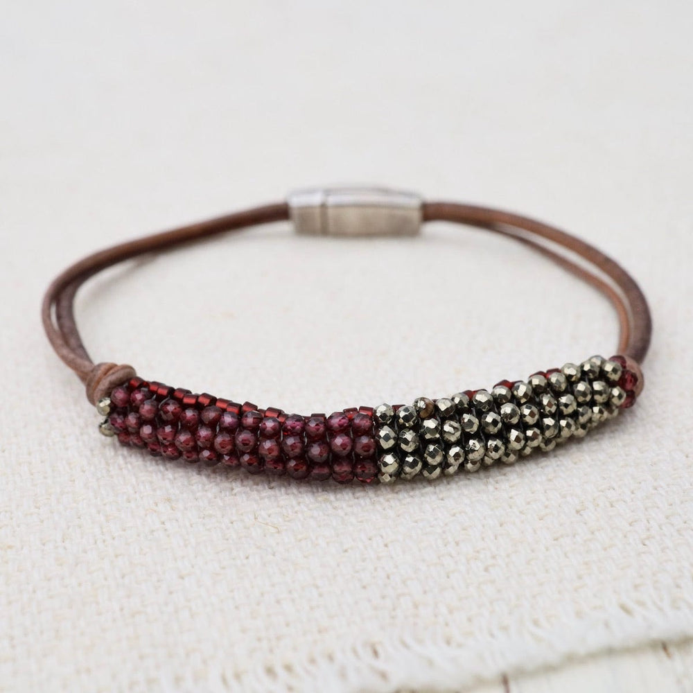 BRC-JM Garnet/Pyrite with Hand-Tied Double-Strand Grey Leather Bracelet