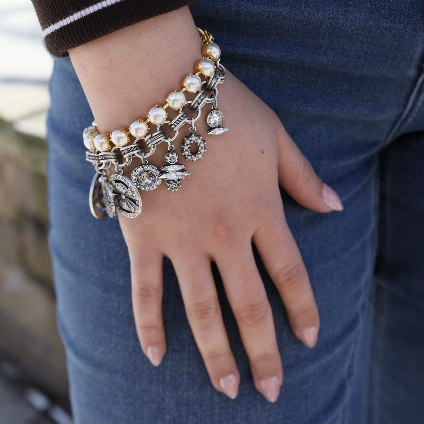 BRC-JM Gold Cream Crystal Pearl Chain Bracelet