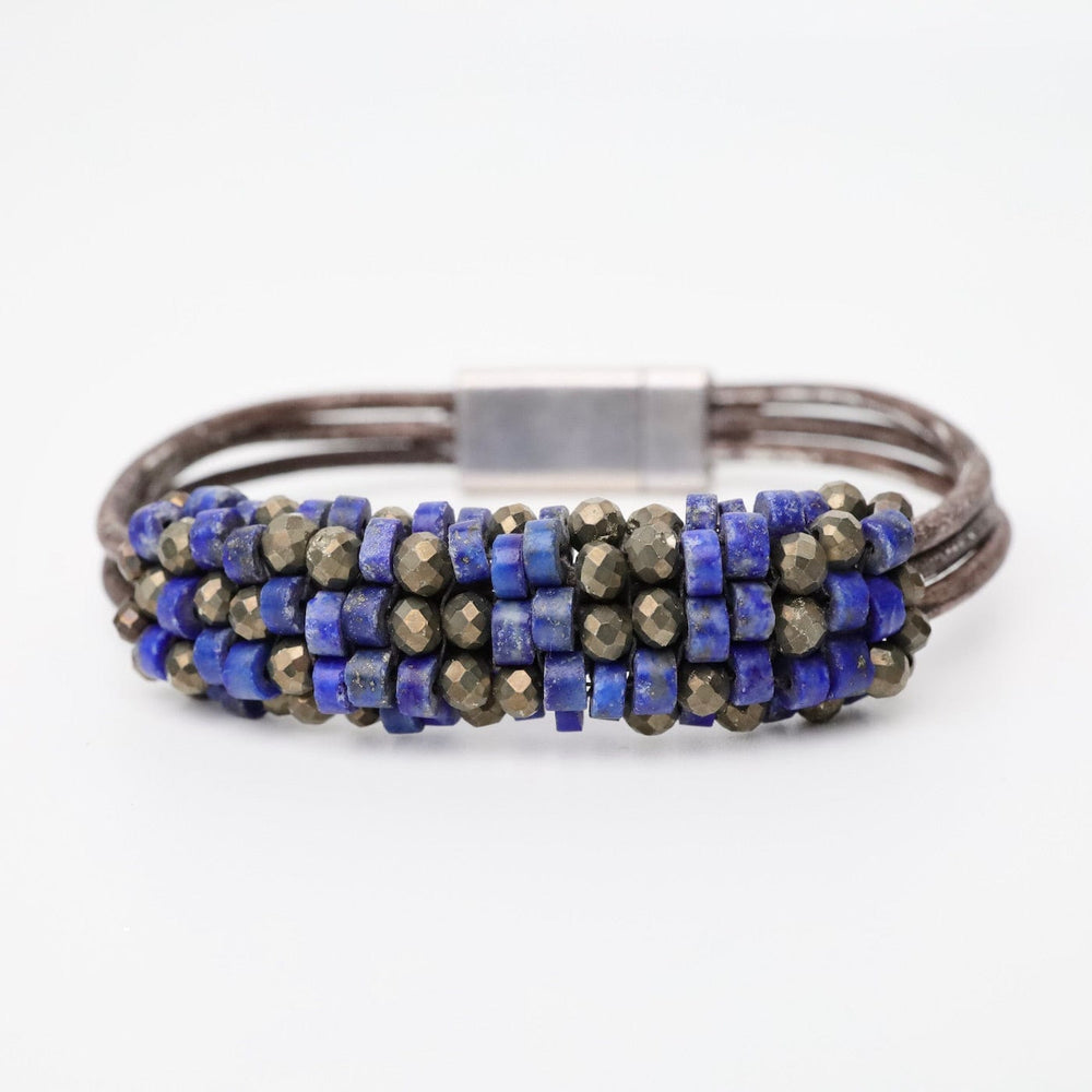 BRC-JM Hand Stitched Afghan Lapis & Pyrite Leather Bracelet