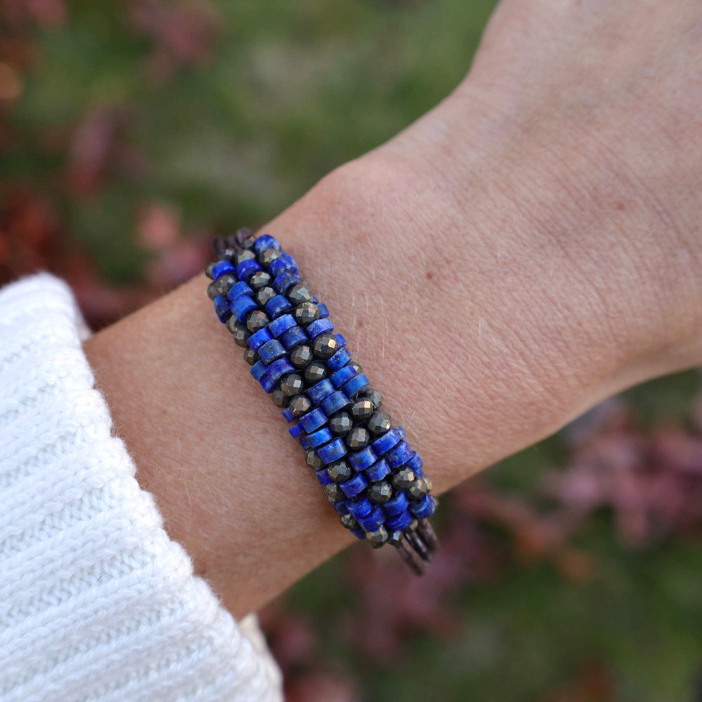 BRC-JM Hand Stitched Afghan Lapis & Pyrite Leather Bracelet