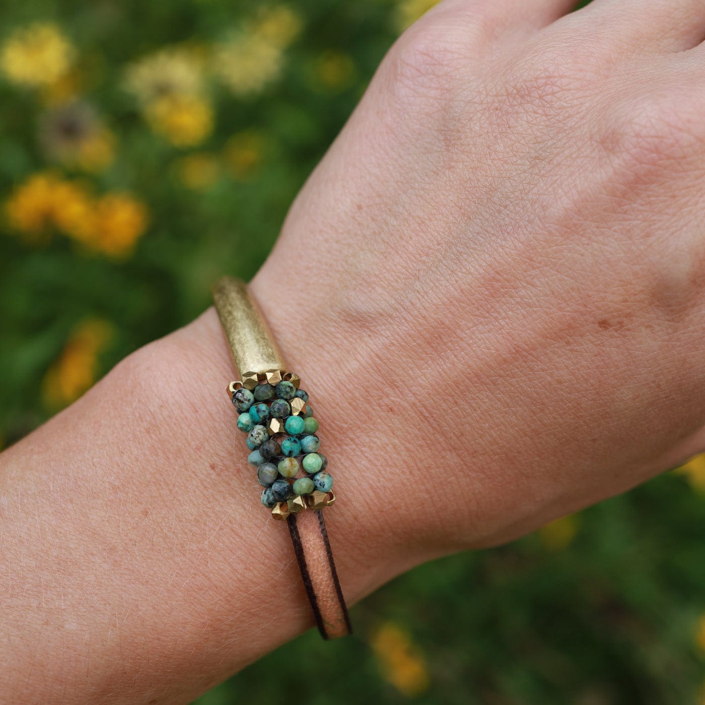 BRC-JM Hand Stitched African Turquoise and  Brass Bracelet