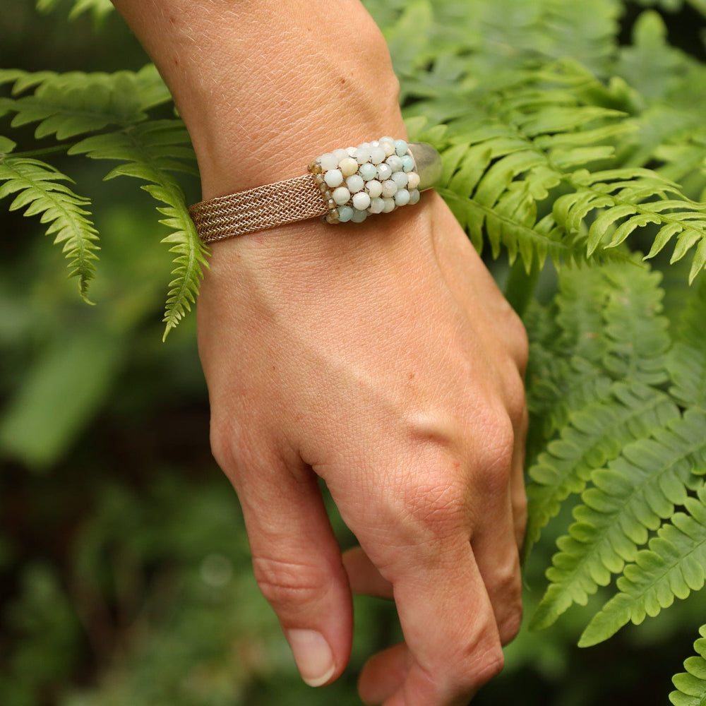 
                  
                    BRC-JM Hand Stitched Amazonite & Gold Mesh Bracelet
                  
                