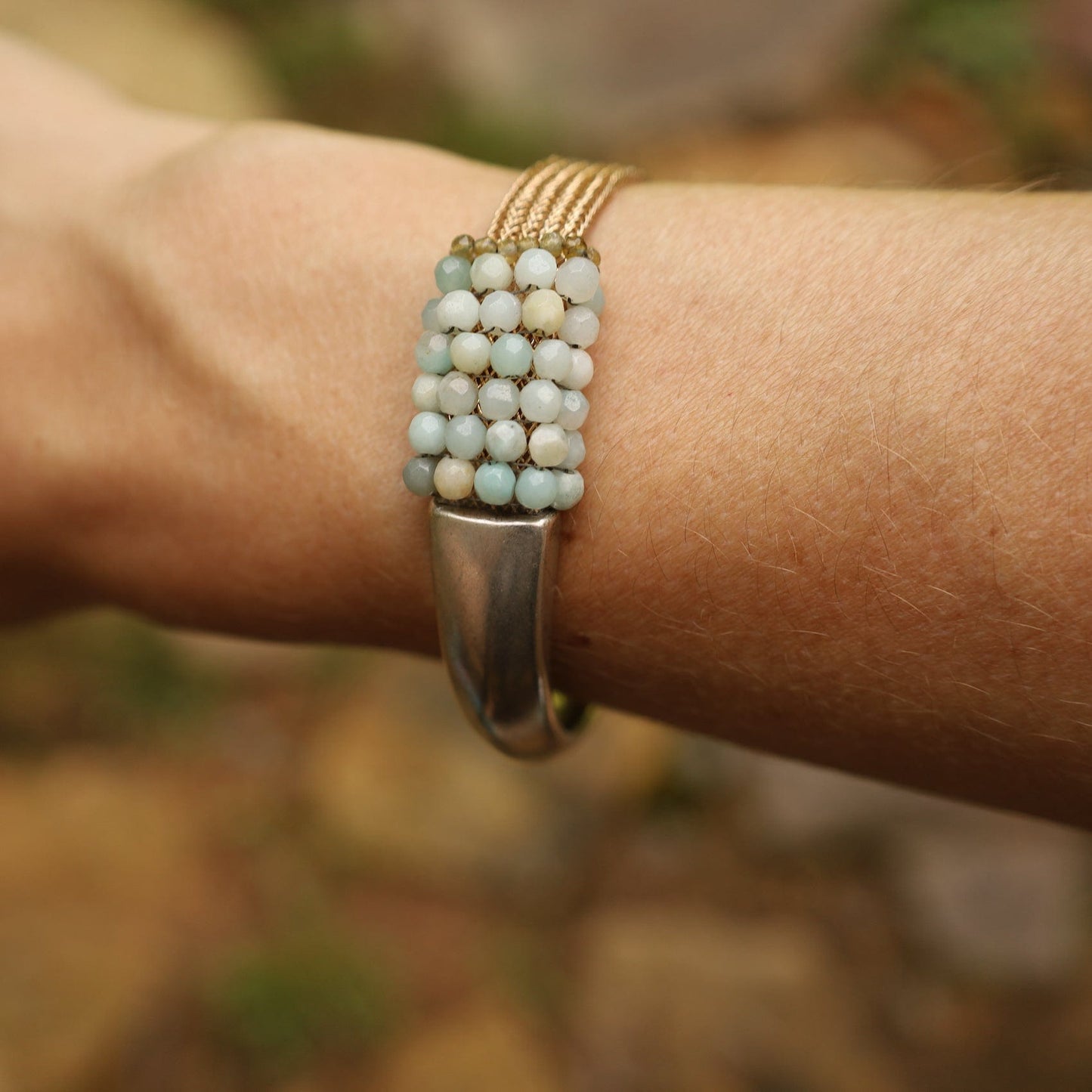 BRC-JM Hand Stitched Amazonite & Gold Mesh Bracelet