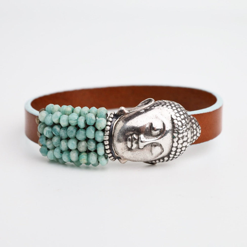 
                      
                        BRC-JM Hand Stitched Amazonite on Leather Bracelet with Buddha Clasp
                      
                    