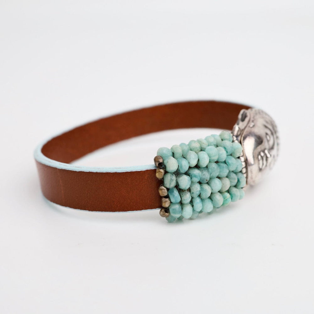 
                      
                        BRC-JM Hand Stitched Amazonite on Leather Bracelet with Buddha Clasp
                      
                    