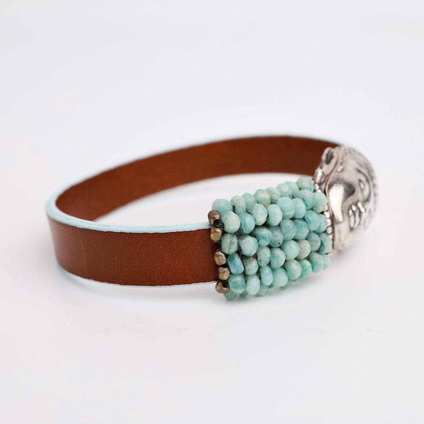 BRC-JM Hand Stitched Amazonite on Leather Bracelet with Buddha Clasp