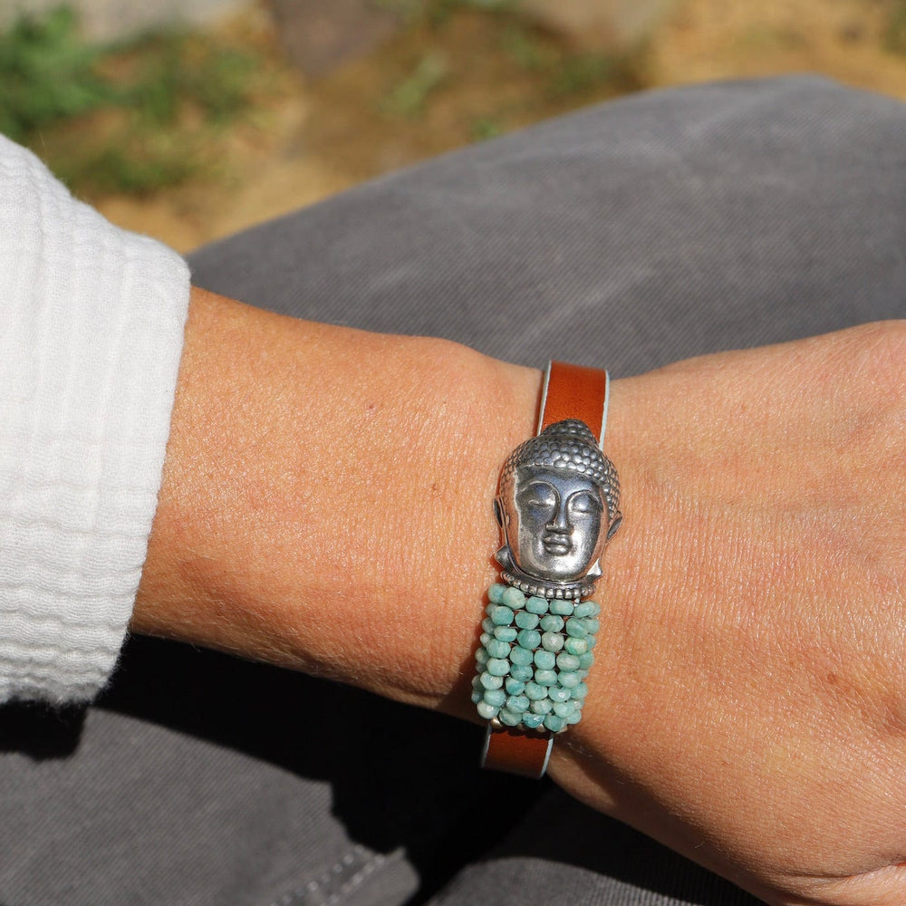 
                      
                        BRC-JM Hand Stitched Amazonite on Leather Bracelet with Buddha Clasp
                      
                    