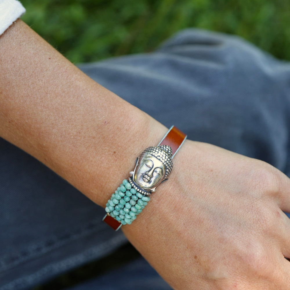 
                      
                        BRC-JM Hand Stitched Amazonite on Leather Bracelet with Buddha Clasp
                      
                    