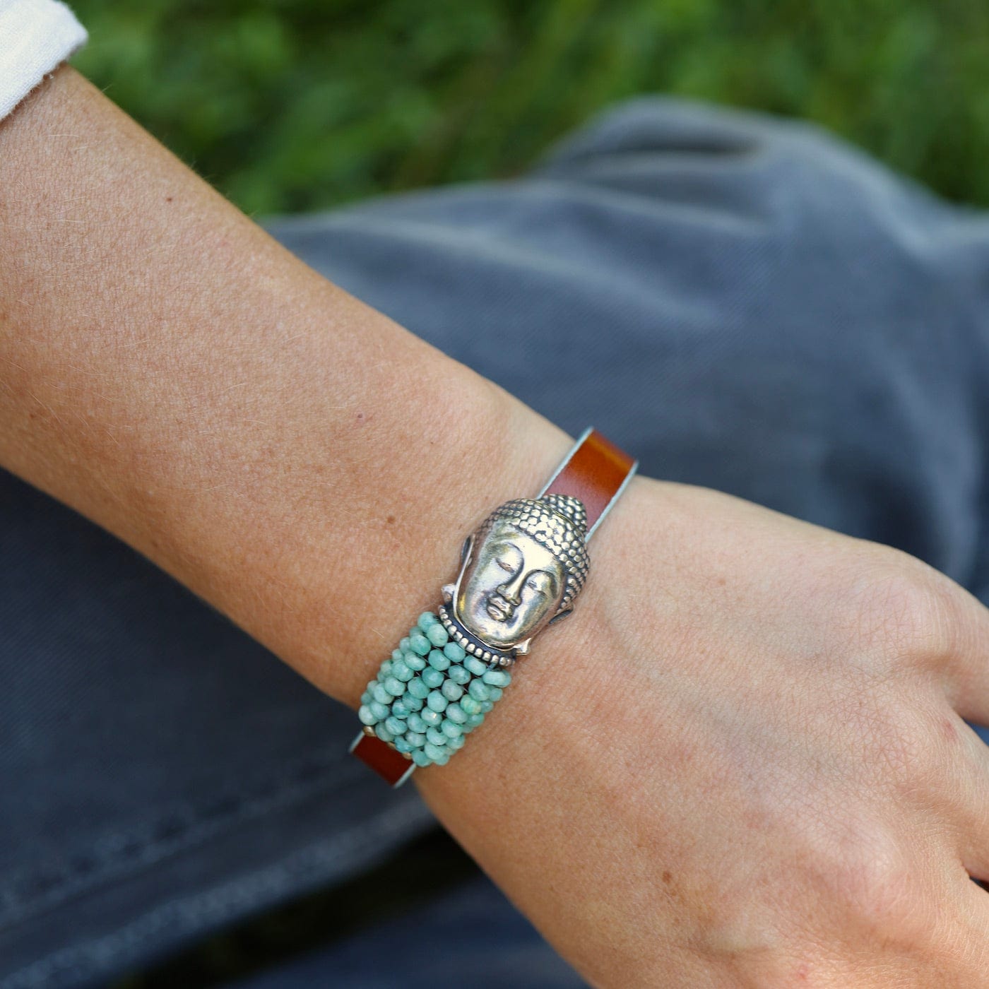 BRC-JM Hand Stitched Amazonite on Leather Bracelet with Buddha Clasp