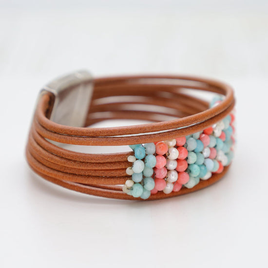 BRC-JM Hand Stitched Amazonite, Pearl & Coral Bracelet