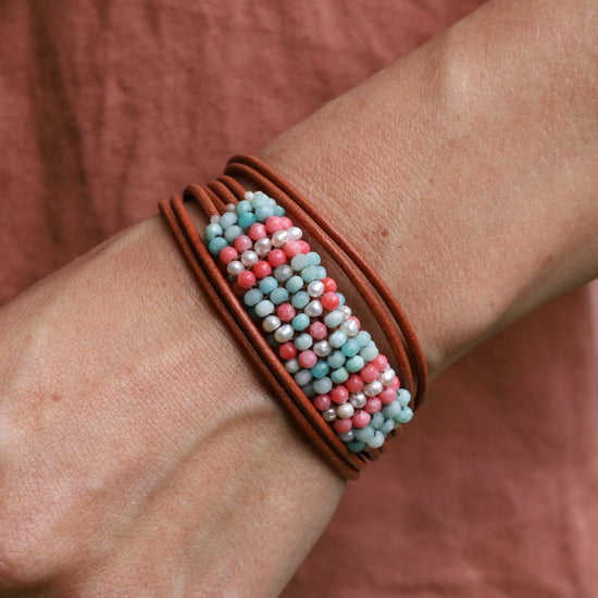 BRC-JM Hand Stitched Amazonite, Pearl & Coral Bracelet