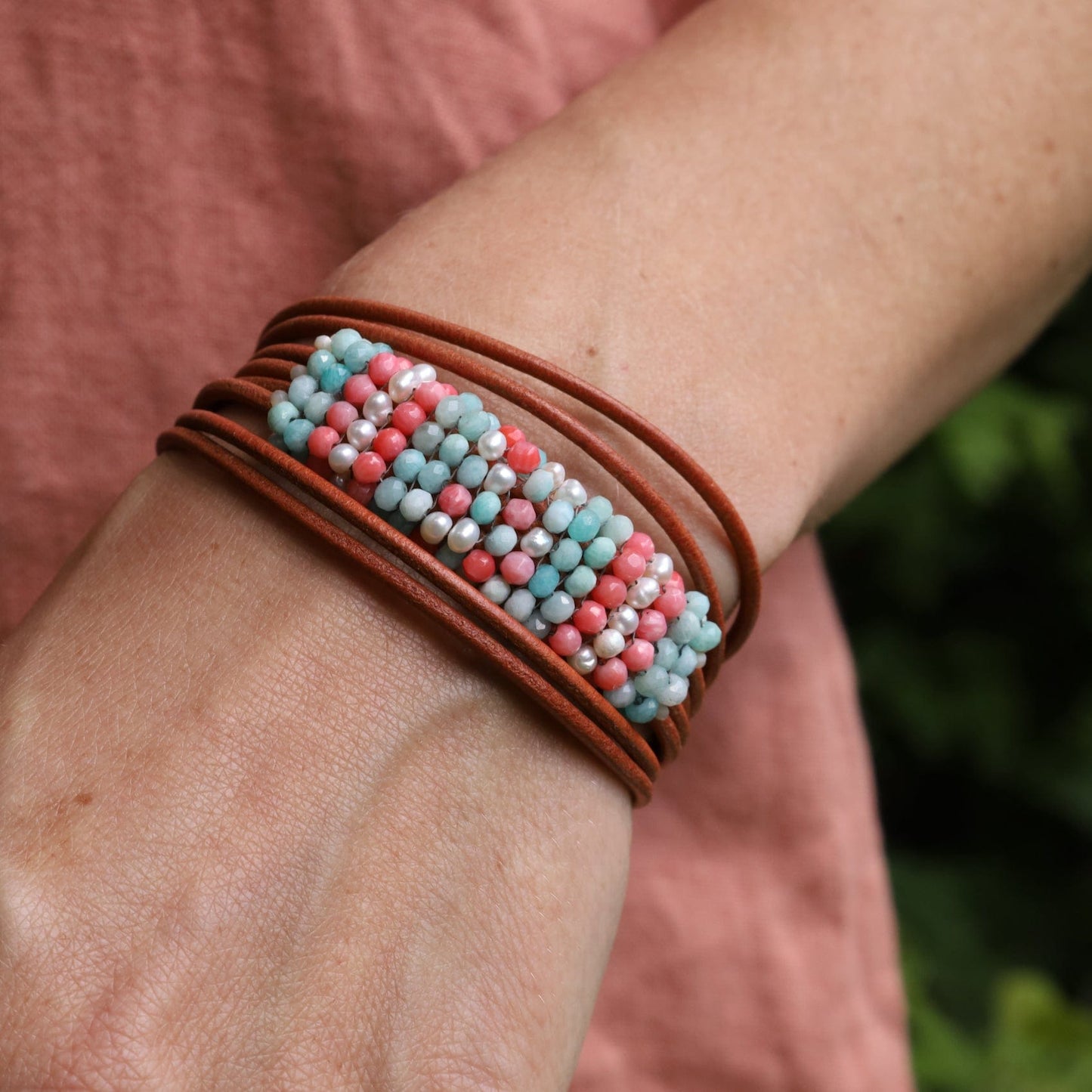 BRC-JM Hand Stitched Amazonite, Pearl & Coral Bracelet