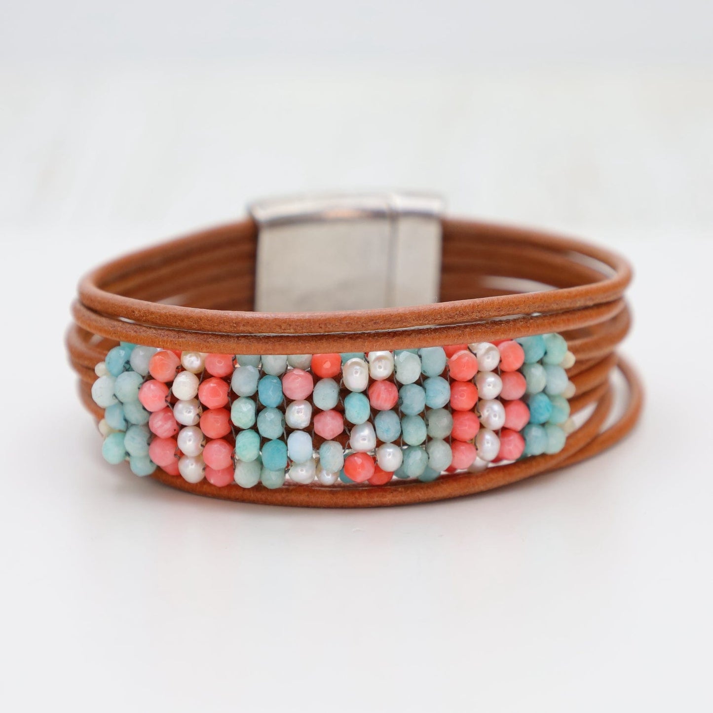 BRC-JM Hand Stitched Amazonite, Pearl & Coral Bracelet