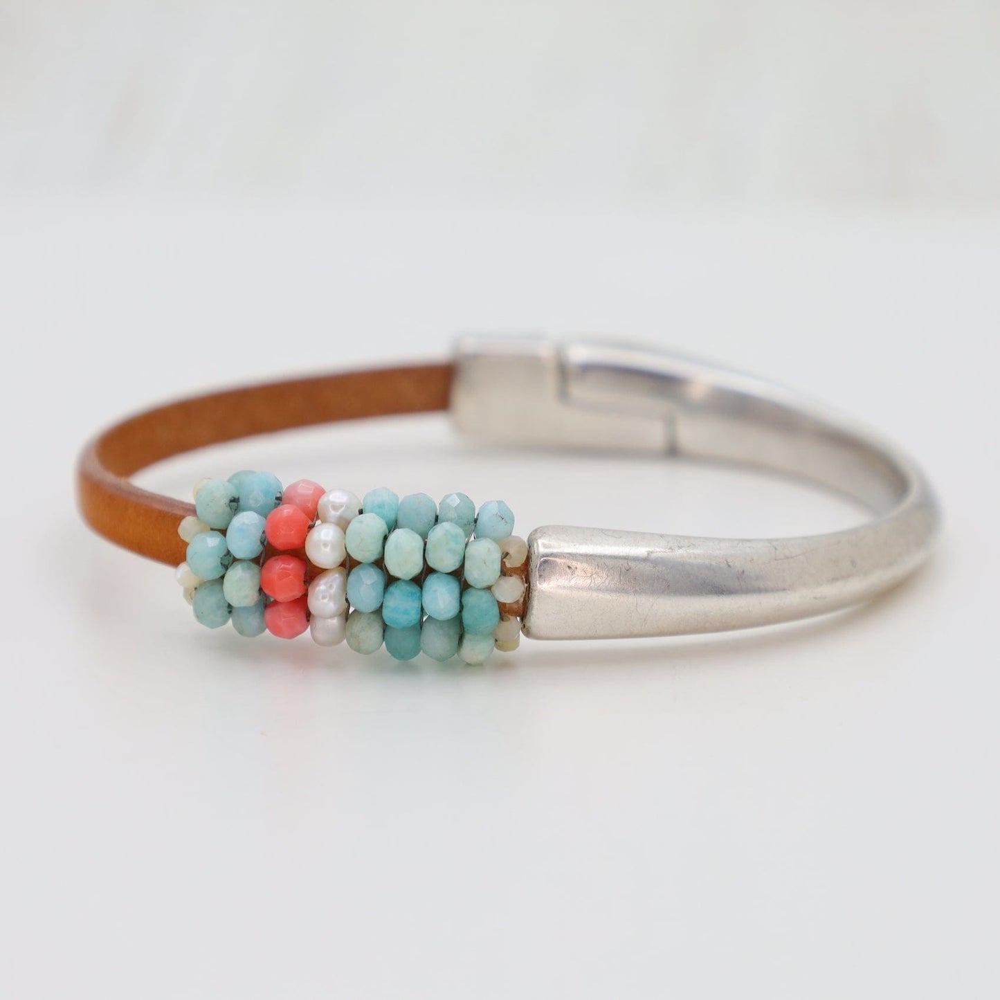 BRC-JM Hand Stitched Amazonite, Pearl & Coral Half Cuff Bracelet