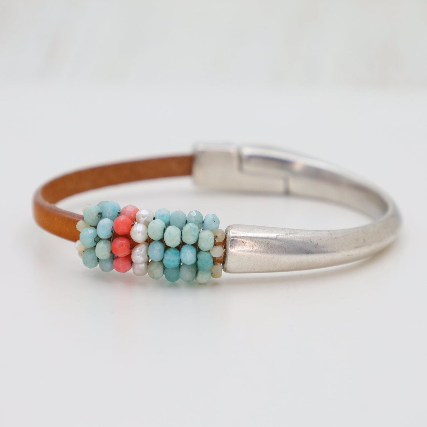 Load image into Gallery viewer, BRC-JM Hand Stitched Amazonite, Pearl &amp;amp; Coral Half Cuff Bracelet
